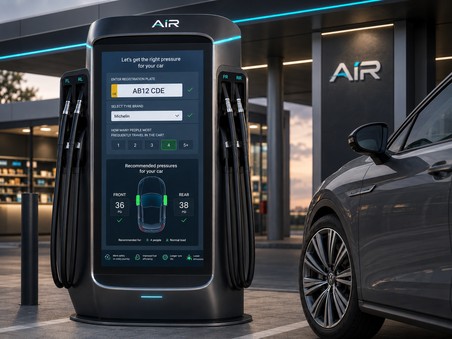 AiR unit on a forecourt at dusk with its portrait display showing registration lookup, tyre brand and recommended pressures, four hoses docked two per side