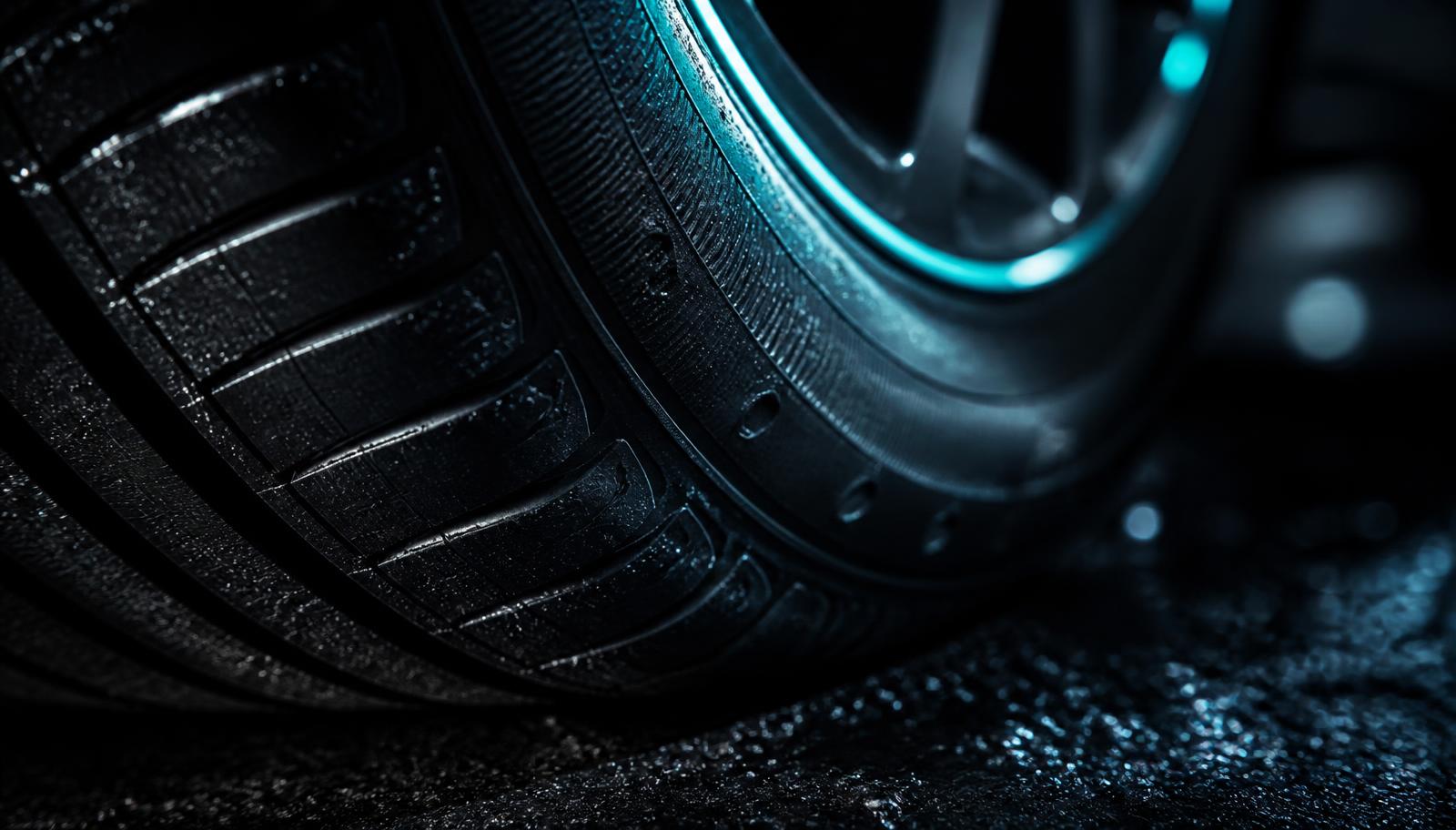 Macro view of a car tyre tread and rim on wet asphalt